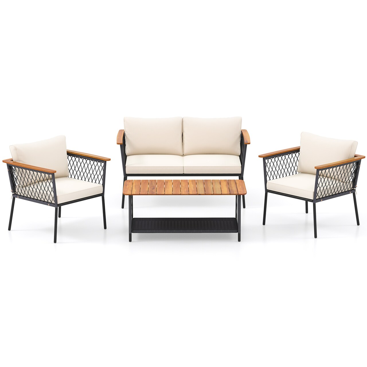 4-Piece Grey Rattan Outdoor Patio Set with Off-White Cushions and Acacia Wood